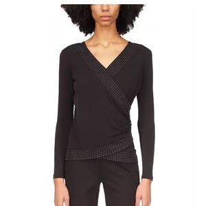 MK Black Rhinestone Border Long-Sleeve Jersey Top by Michael Michael Kors NEW SP